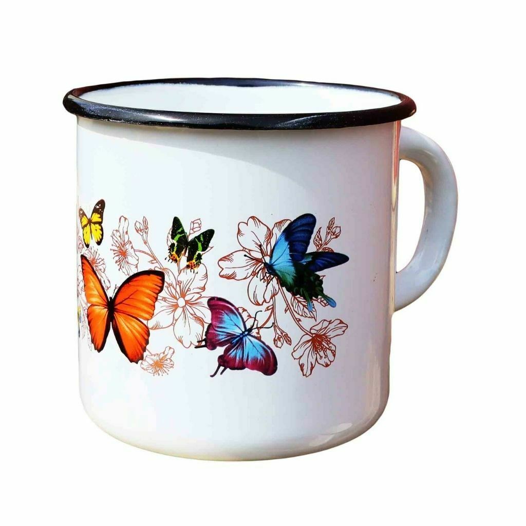 Becher, emailliert "Butterfly" 1,0 L Trinkbecher Retro